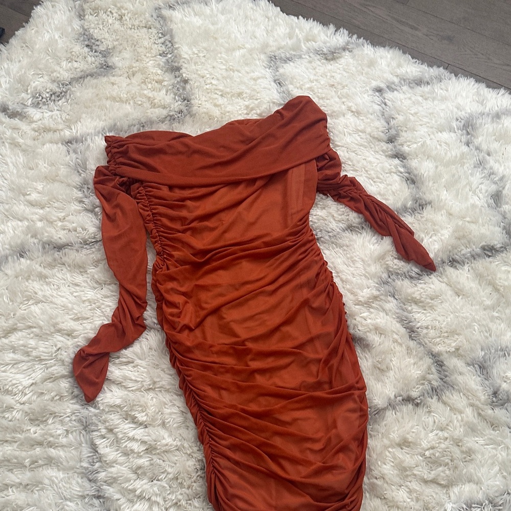 Amazon One‑Shoulder Rust Orange Ruched Women’s Dress